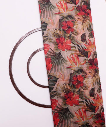 red off white and green floral chanderi digital print fabric
